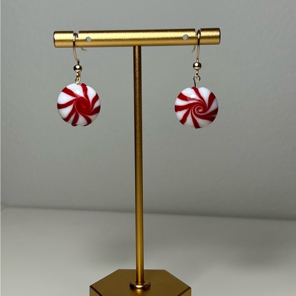Red and White Swirl Peppermint‎ Candy Earrings
